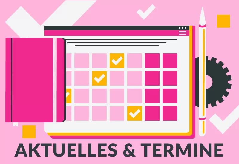 Kalender, Notizbuch und Zahnrad – Symbol für aktuelle Infos und wichtige Termine.