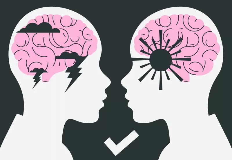 Zwei Köpfe: von dunklen Wolken zu Licht – Symbol für den Weg von Belastung zu Klarheit durch Beratung.