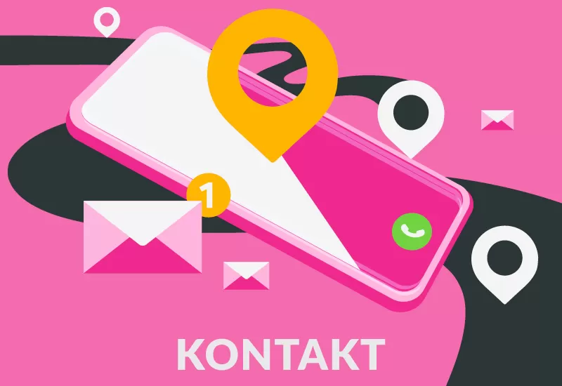 Smartphone-Illustration mit Standortpins und Briefsymbolen für Anruf, E-Mail und Standort.