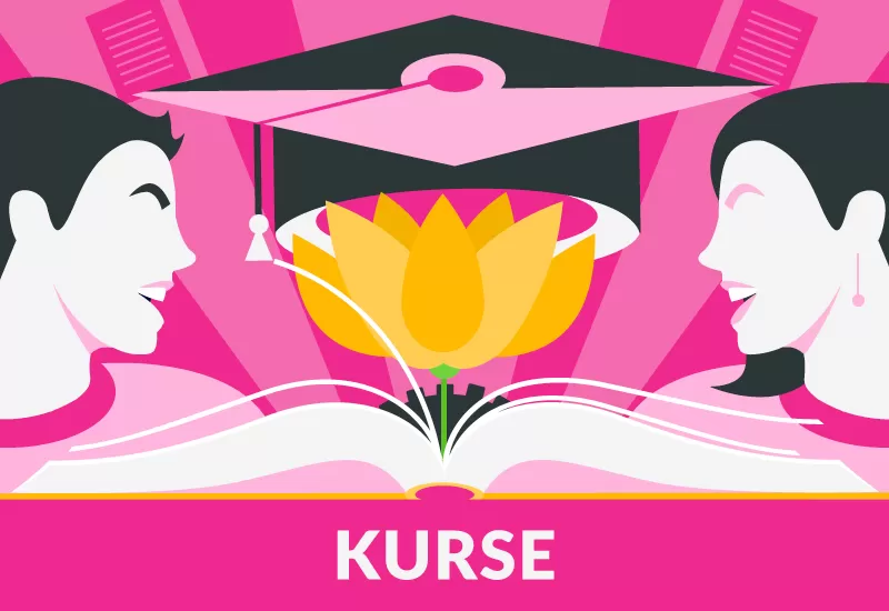 Illustration mit Buch, Blüte und Doktorhut – Symbol für Lernen und Entwicklung.