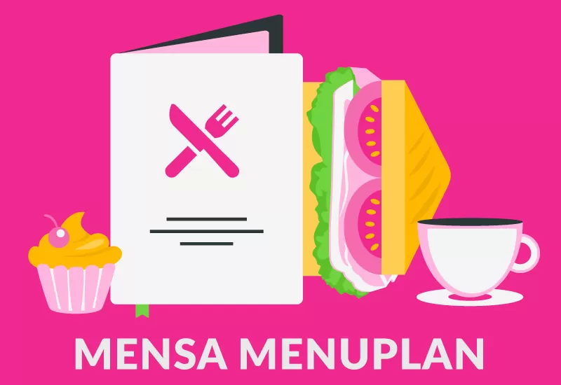 Menüheft, Sandwich, Kaffee und Cupcake auf magenta Hintergrund – Illustrationsmotiv.