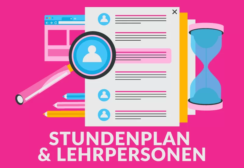 Dokument mit Lupe und Sanduhr – Symbol für Stundenpläne und Lehrpersoneninfos.