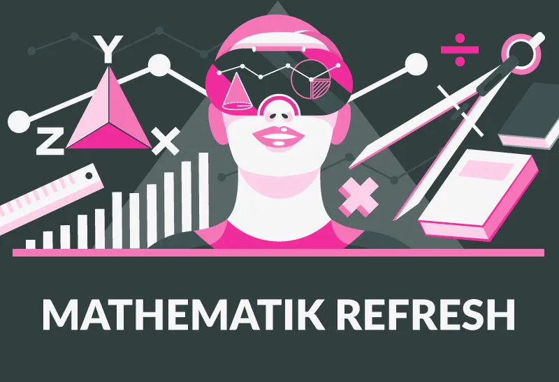 Person mit VR-Brille, Mathe-Symbole & Formen, Text: „MATHEMATIK REFRESH“.