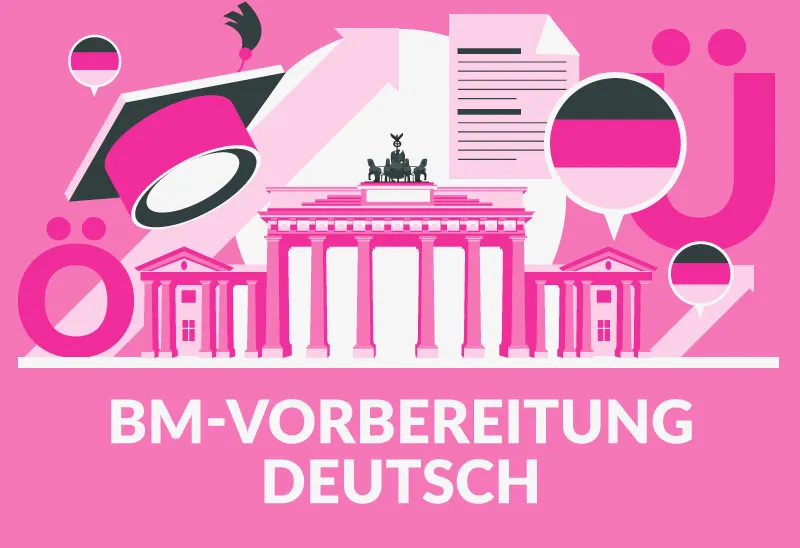 Brandenburger Tor, Symbole für Sprache & Abschluss, Text: „BM-VORBEREITUNG DEUTSCH“.