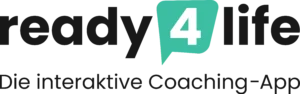 logo_ready4life Logo „ready4life“ mit grüner 4 in Sprechblase und dem Text: „Die interaktive Coaching-App“.